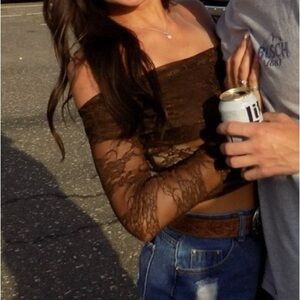 Brown Lace Off-the-Shoulder Crop Top